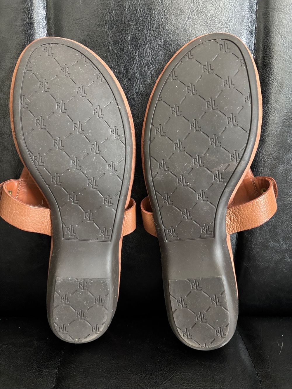 RALPH LAUREN Brown Leather Logo Thong Sandals with Gold Accents - Picture 2 of 9